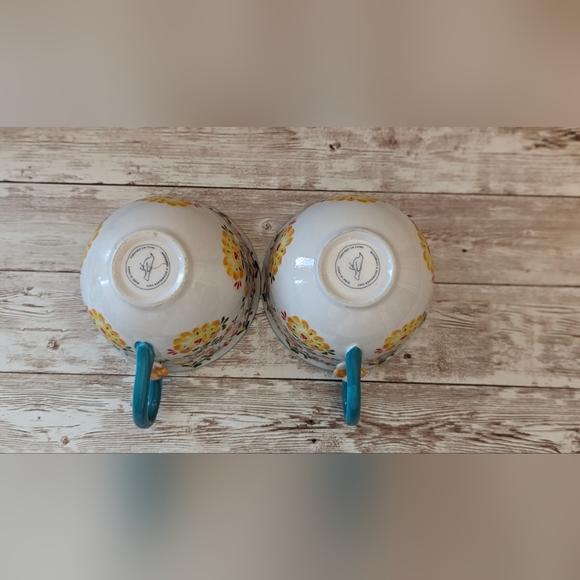 Anthropologie Hand Painted Pair Teacups Folk Floral Coffee Mug Cups - Picture 3 of 5